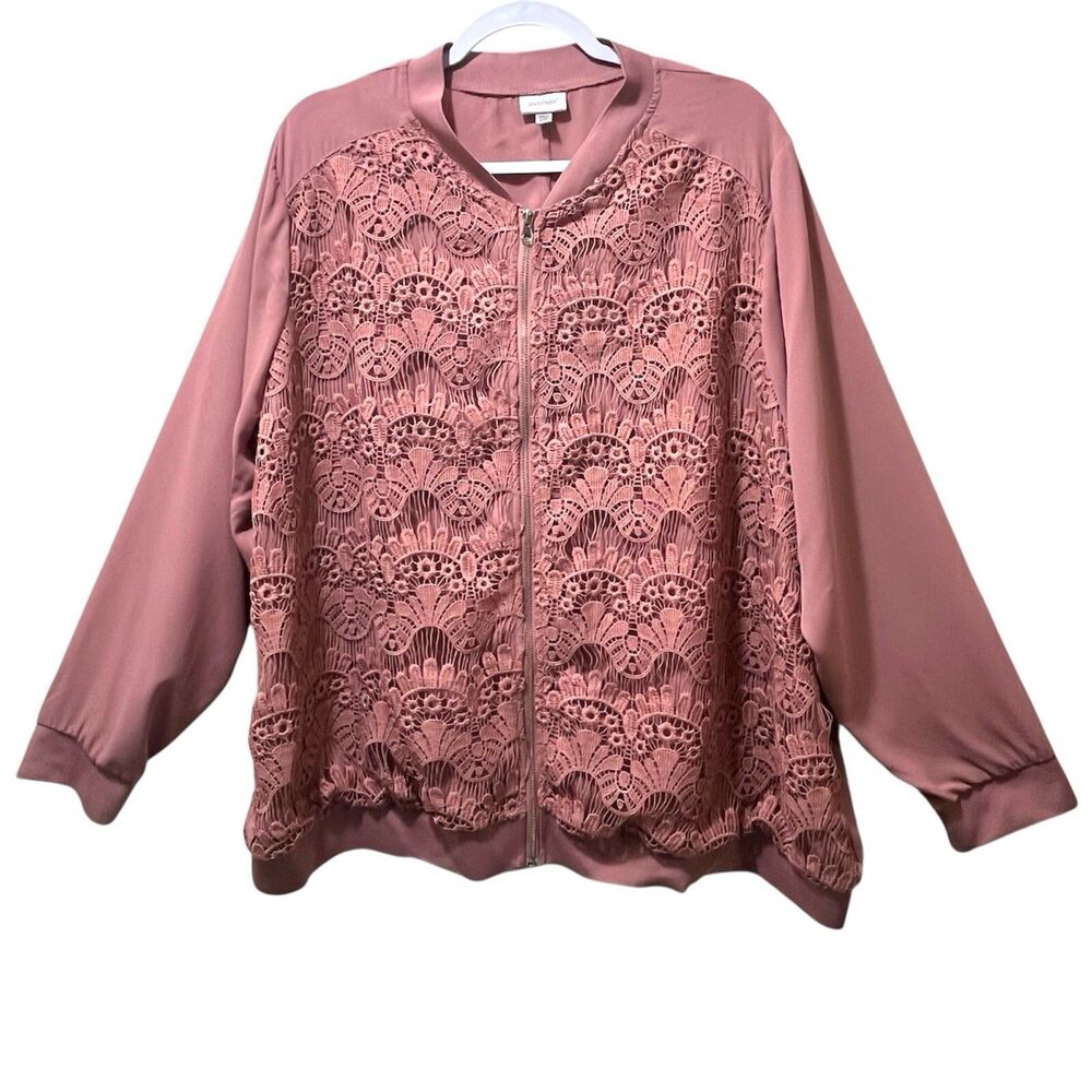 Avenue Women Plus Size 26 28 Mauve Pink Floral Lace Crochet Bomber Jacket Ribbed